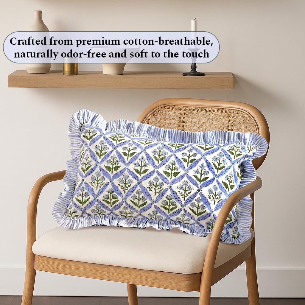 Ridhi Block Print Light Steel Blue 20"x12" Set 1-100% Cotton Ruffle Lumbar Sham Cover Boho Floral Pillowcase, Farmhouse Cottagecore…