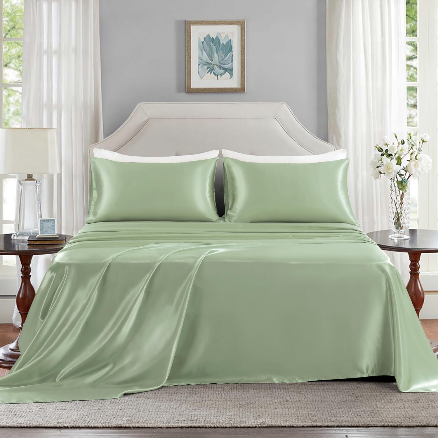 Golal Satin Sheets Queen Size - 4 Pieces Luxury Silky Soft Bed Sheets, Wrinkle-Free Sage Green Satin Silk Sheet Set with 1 Deep Pocket Fitt…