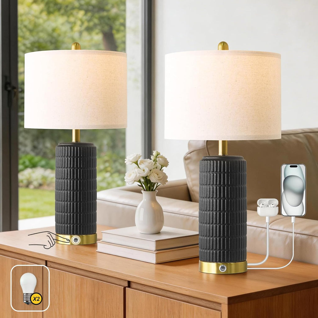 PoKat Ceramic Table Lamps Set of 2 for Living Room, 25'' Modern Touch Bedside Lamps for Bedroom with 2 USB Ports, Farmhouse Black…