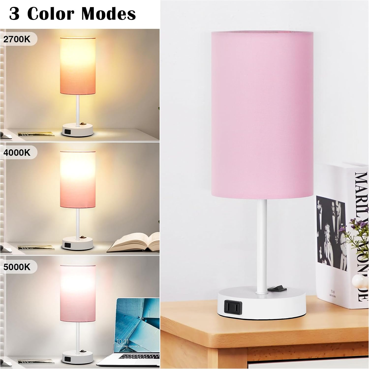 ZJOJO Table Lamp for Bedroom Set of 2, Bedside Small Lamps with 3 Way Dimmable Rocker Switch and AC Outlet, Nightstand Desk Lamp with…