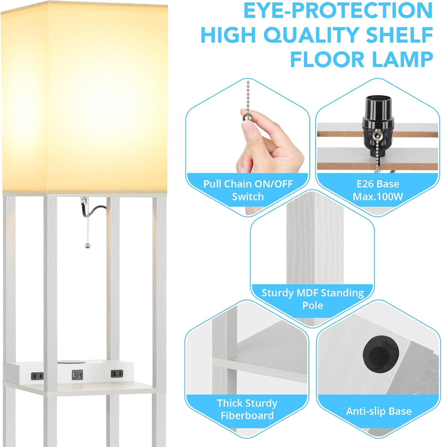 Mlambert Modern Shelf Floor Lamp with Wireless Charger & Fast Charging USB Ports & Type C Port & 2 Power Outlets,3 Tier Storage Lamp for…