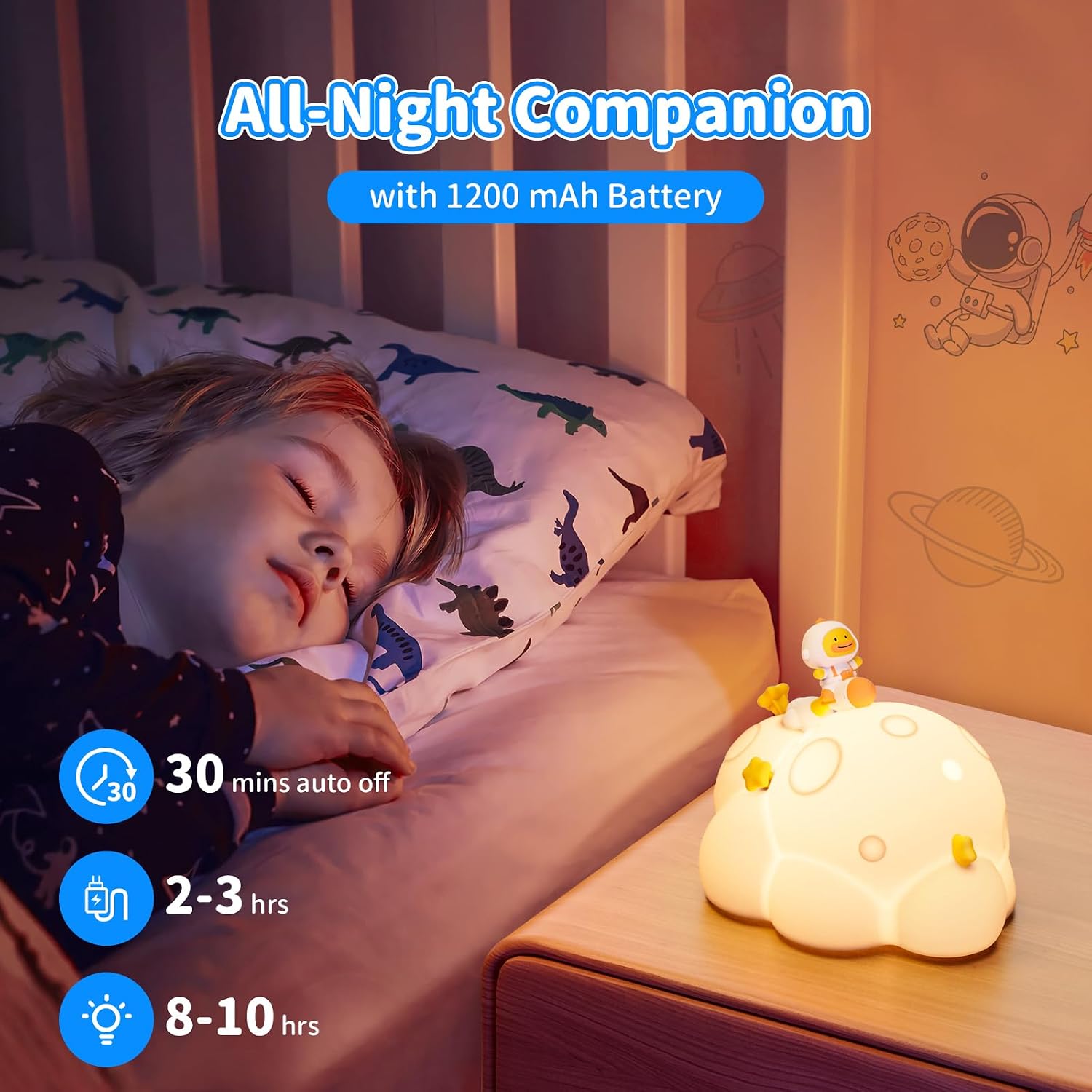 Auto-Off Night Light for Kids - Rechargeable Touch Control Bedside Lamp, Planet Night Lights for Nursery, Gift for Girls Boys