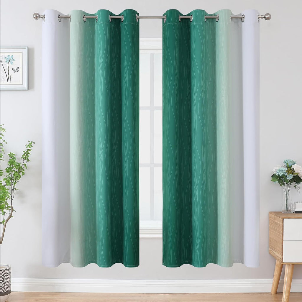 Estelartextiler Estelar Textiler Green and Greyish White Blackout Curtains for Living Room, Full Room Darkening Grommet Ombre Curtains for…
