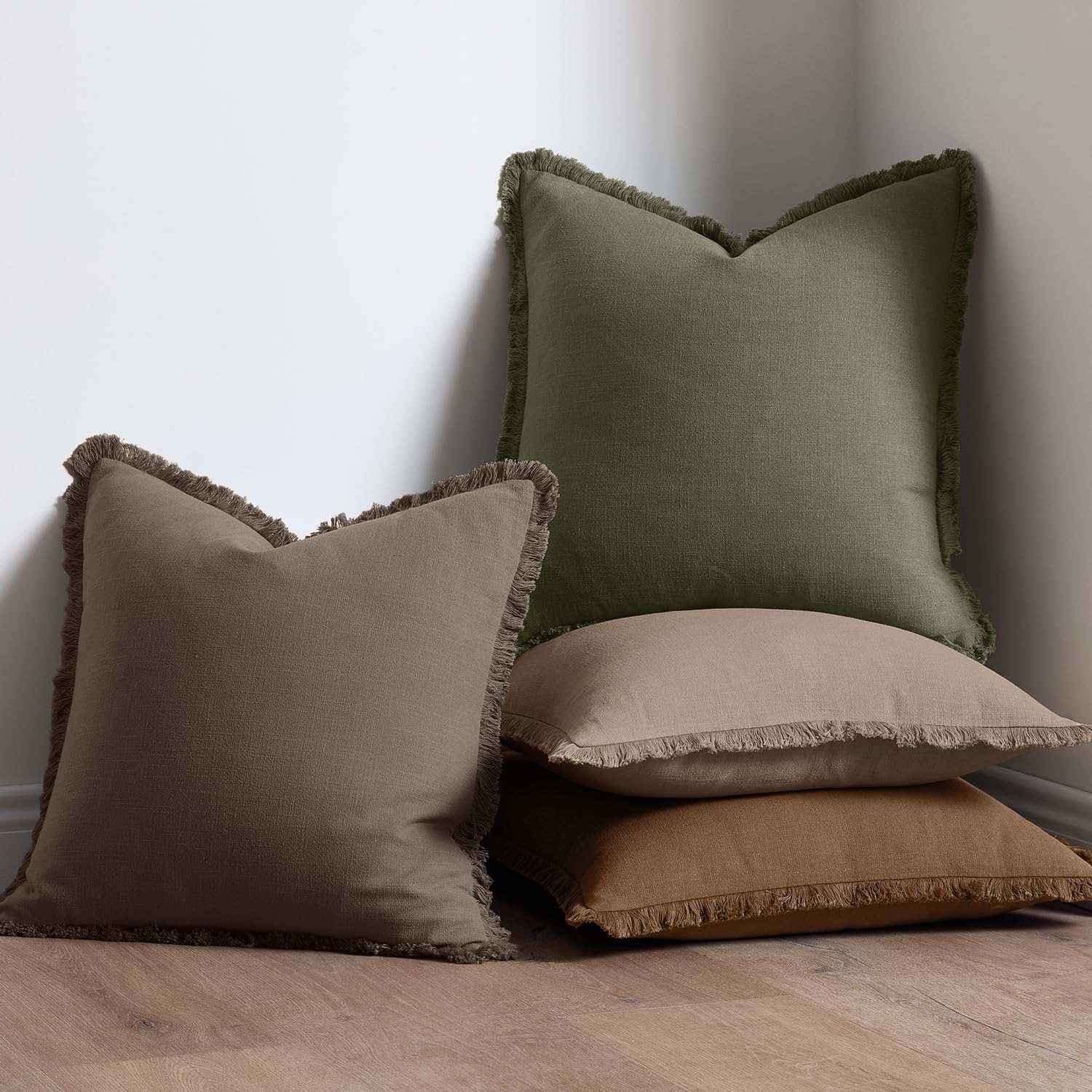 Anroduo Set of 2 Decorative Throw Pillow Covers 24×24 Inch Soft Linen Fringe Farmhouse Boho Vintage Cushion Covers with Tassels Accent Pill…