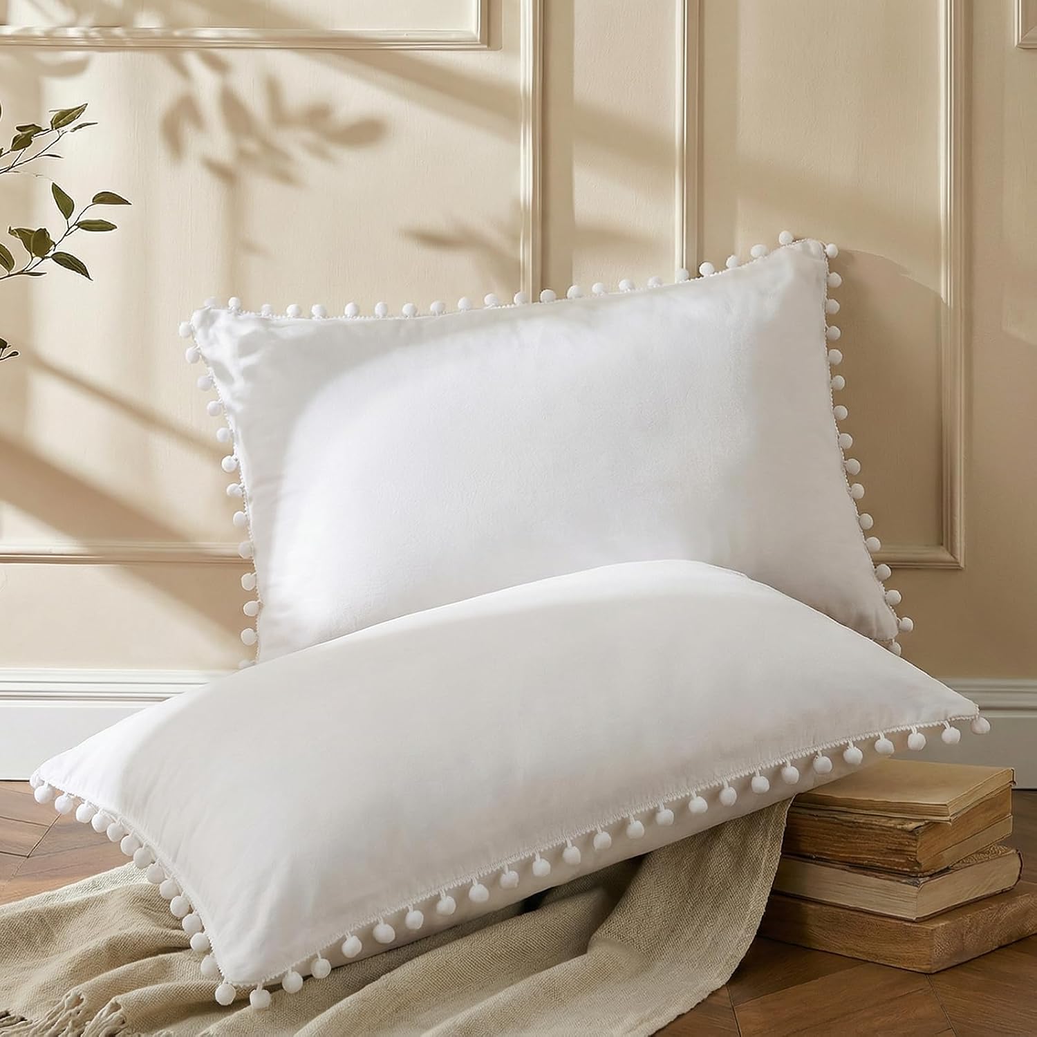 Moveover White Pillowcases, Standard Pom Poms Pillow Case Set of 2, 100% Washed Microfiber, Soft Solid White Pillow Shams, 2 Pack 2 Pack Wh…