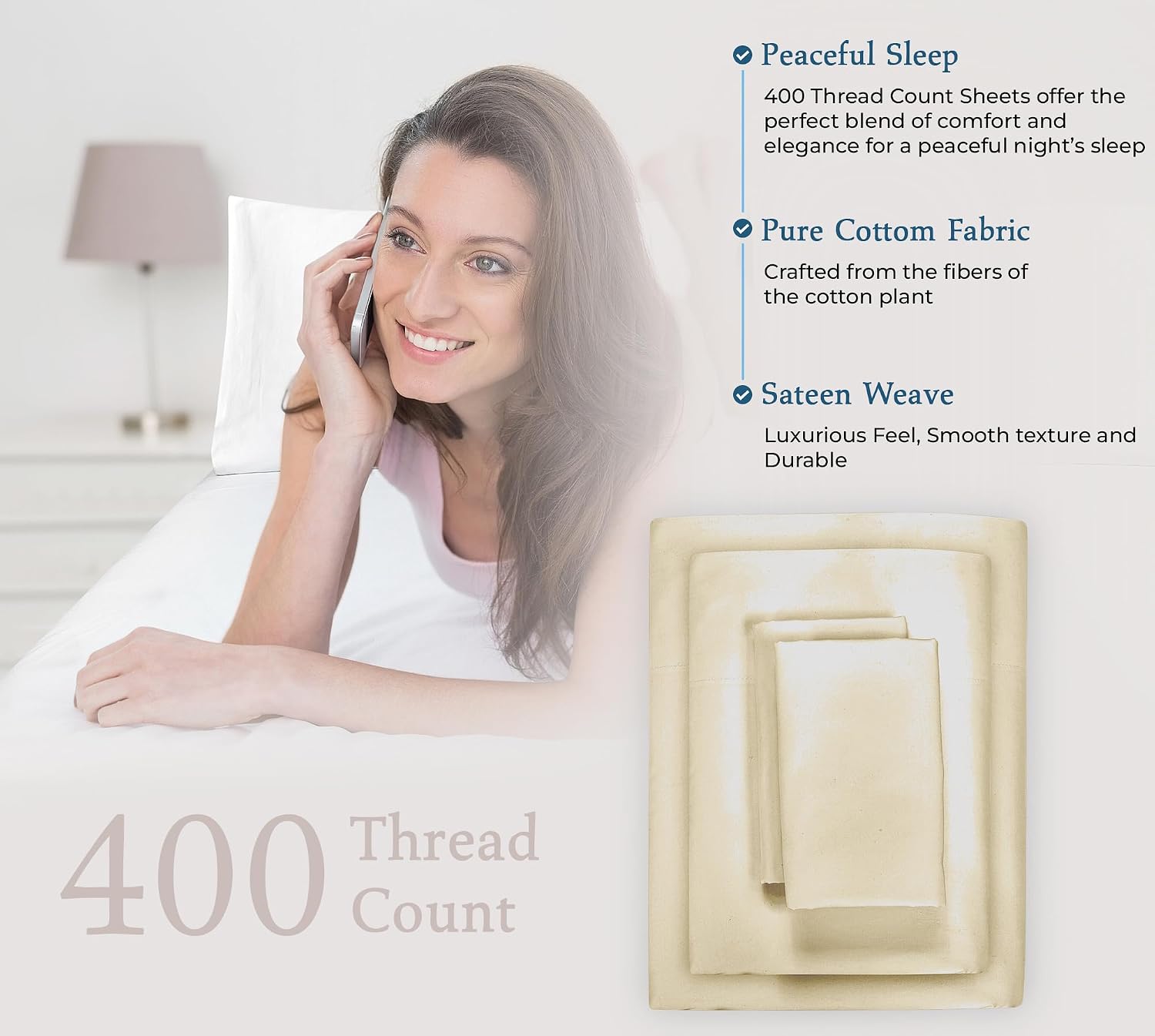 Royalelinens ROYALE LINENS 400 Thread Count 100% American Grown Cotton 4 Piece Sateen King Sheet Set - 1 Fitted Sheet, 1 Flat Sheet, 2 Pill…