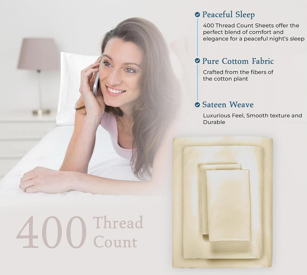 Royalelinens ROYALE LINENS 400 Thread Count 100% American Grown Cotton 4 Piece Sateen Queen Sheet Set - 1 Fitted Sheet, 1 Flat Sheet, 2 Pil…