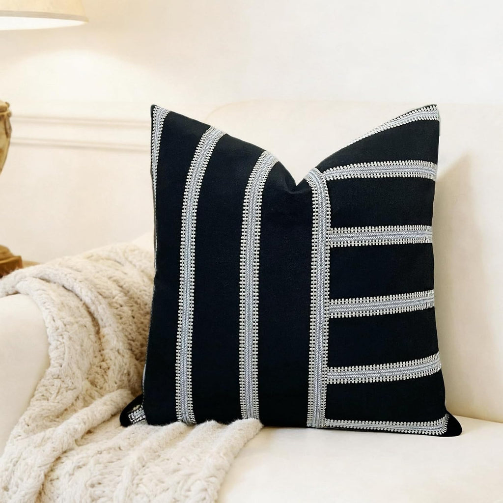 Slow Cow Linen Black and Off White Jacquard Textured Woven Stripe Patchwork Throw Pillow Cover Square 18 x 18 Inches