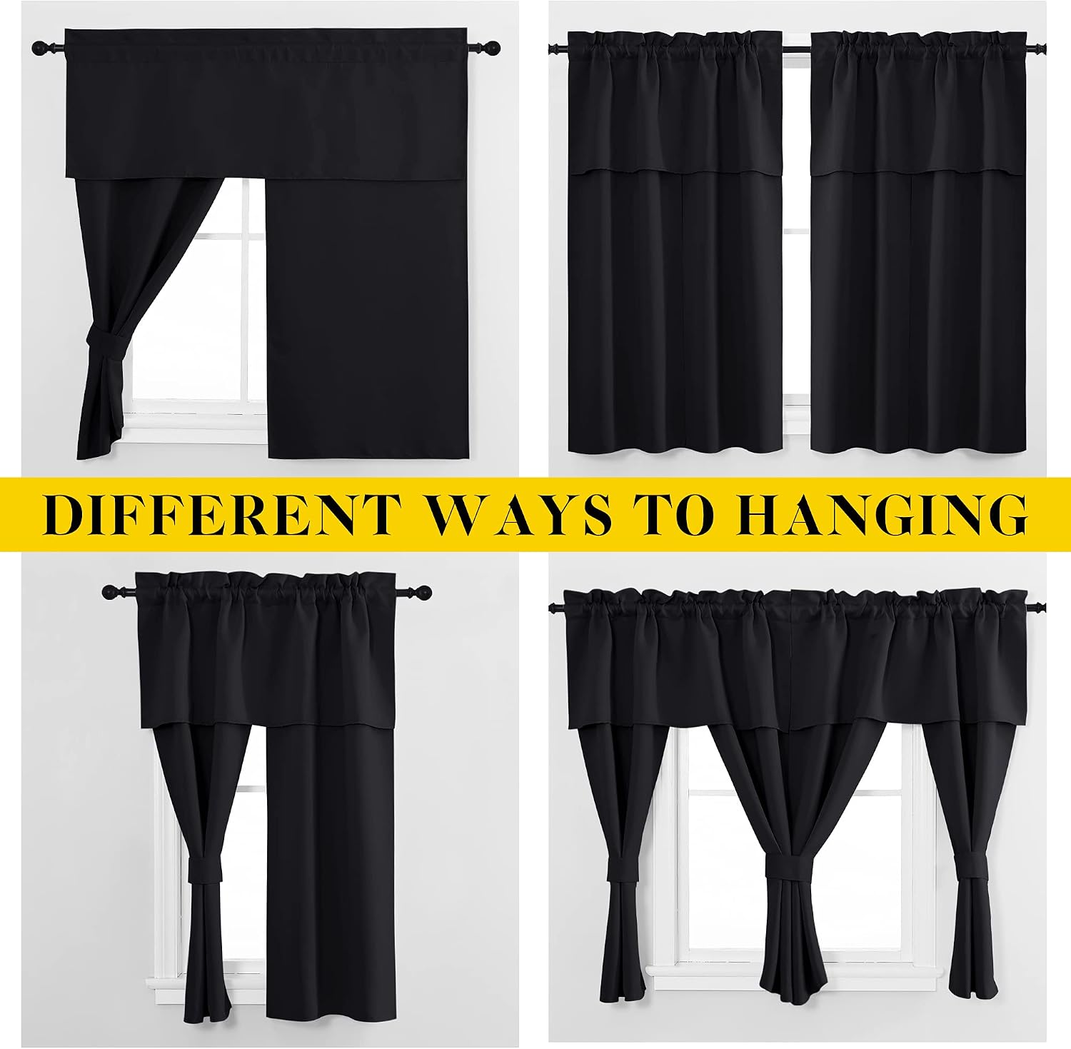 Nicetown Black Blackout Curtains with Attached Valance, Solid Room Darkening Window Treatment Drapes/Draperies for Bedroom (2 PCs, 52 inche…