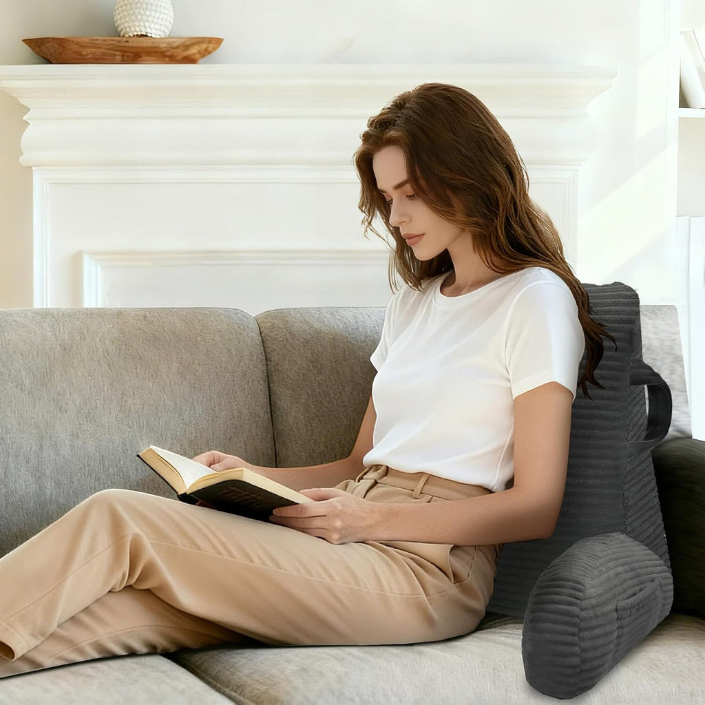 Reading Pillow for Sitting in Bed Adult, Bed Reading Pillow with Shredded Memory Foam, Back Pillow for Sitting with Arms and Pockets, Gery
