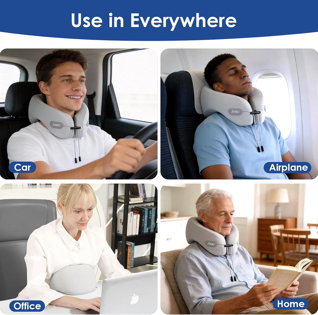 jiaao Travel Pillow Memory Foam Neck Pillow for Airplanes with Adjustable Drawstring Support, Gray Travel Neck Pillow for Flights, Road Tri…