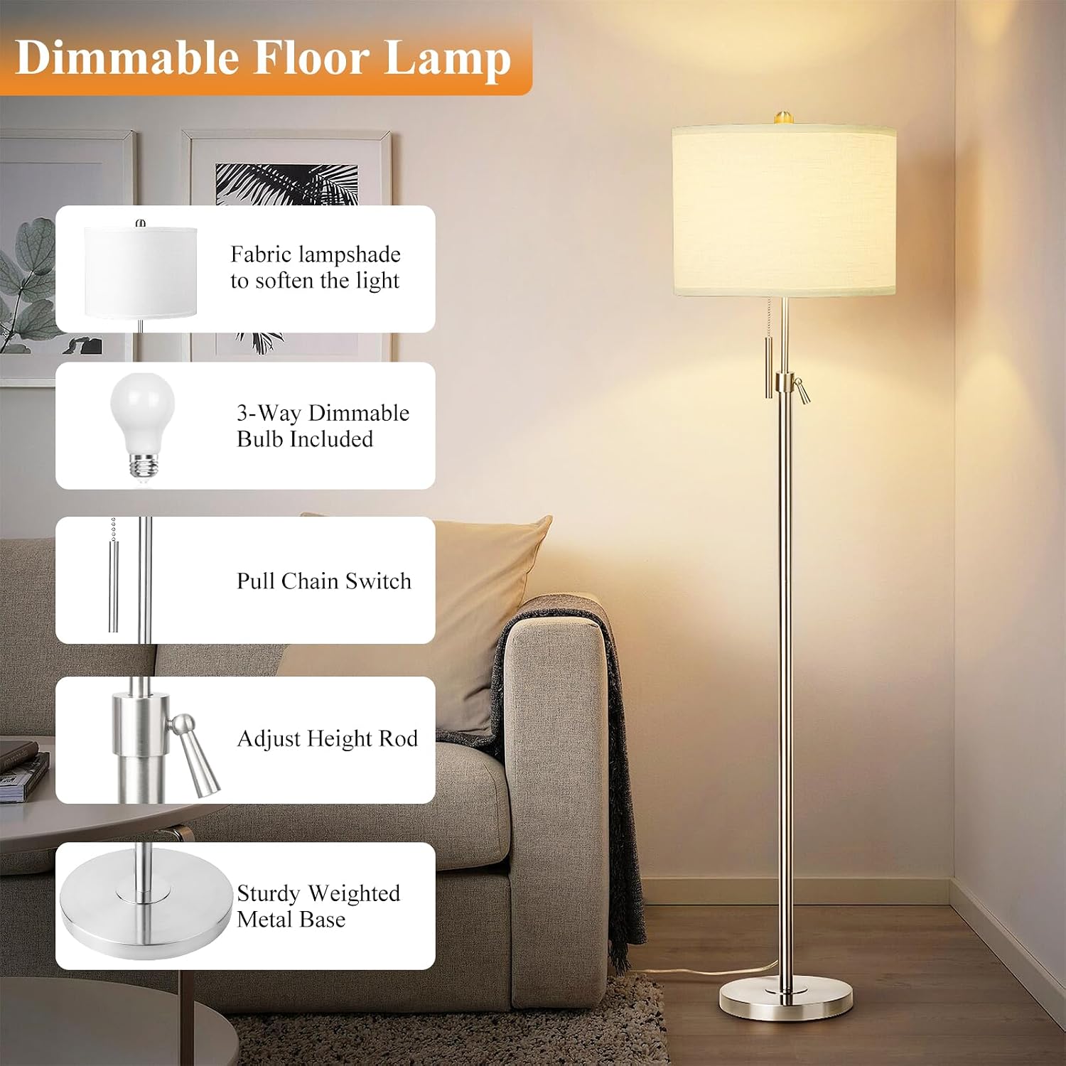Qingmiao Brushed Nickel Floor Lamps for Living Room, 55"-67" Height Adjustable Modern Tall Lamp, 3-Way Dimmable Standing Lamp for Bedroom…