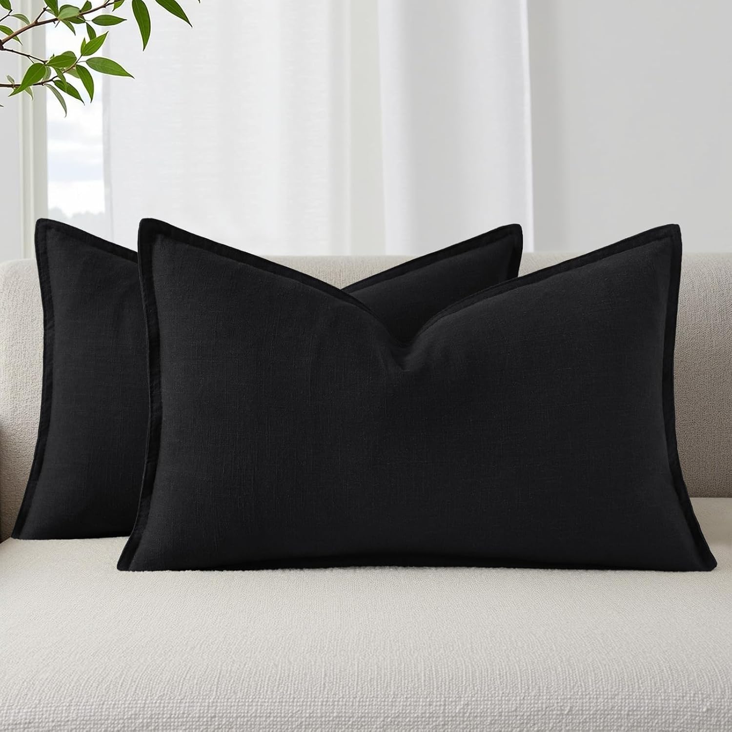 decorUhome Summer Decorative Linen Throw Pillow Covers 12x20 Inch Set of 2 Black Lumbar Pillow Covers with Flange Edges Soft Farmhouse Boho…
