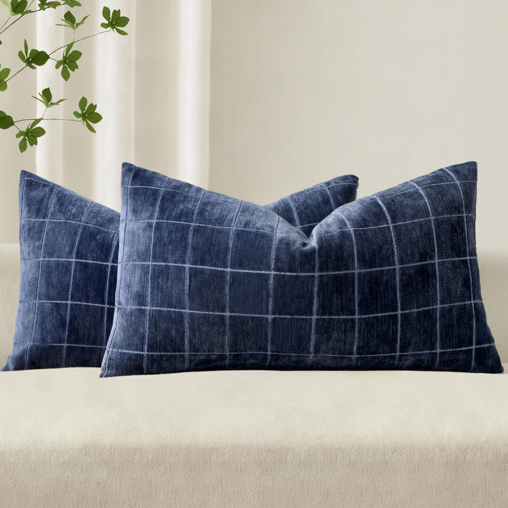 Miulee Decorative Chenille Check Lumbar Throw Pillow Covers Vintage Plaid Couch Pillows 12x20 Inch Set of 2 Neutral Boho Cushion Covers Mod…