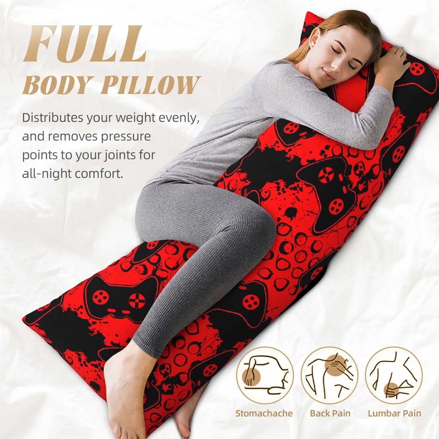 Sovvin Video Game Controller Red Background Body Pillow Cover Long Pillow Case with Zipper Decorative Soft Cushion Bedding Pillowcas…