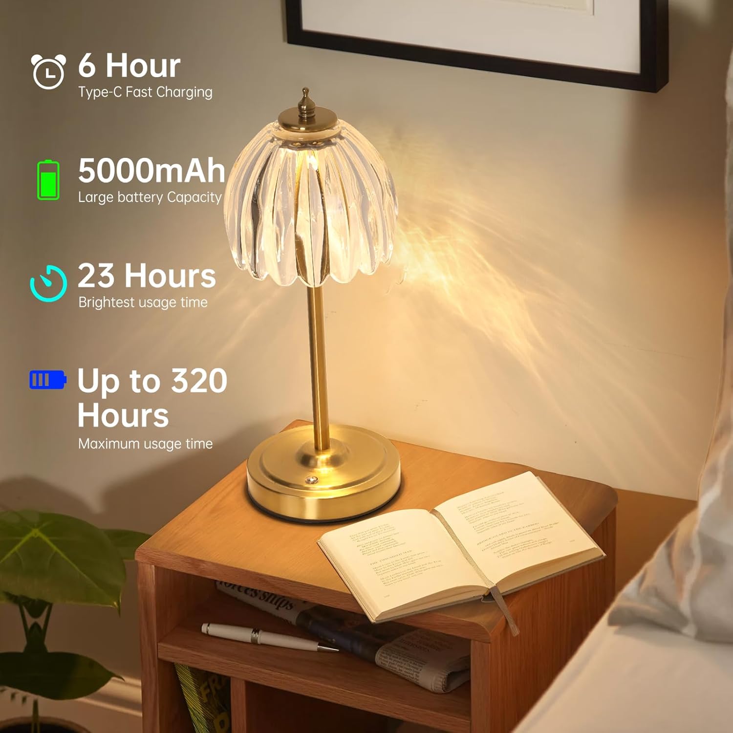 Shenmoyl Tulip Table Lamp with 5000mAh Battery & Touch Control, Cordless Table Lamp with 3 Colors, Dimmable Rechargeable Table Lamps for…