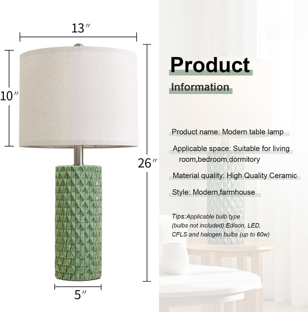 USumkky 26" Tall Table Lamp for Living Room -Green Lamps Set of 2 Modern Ceramic Lamps for Night Stands, Bedside Lamp for End Tables…