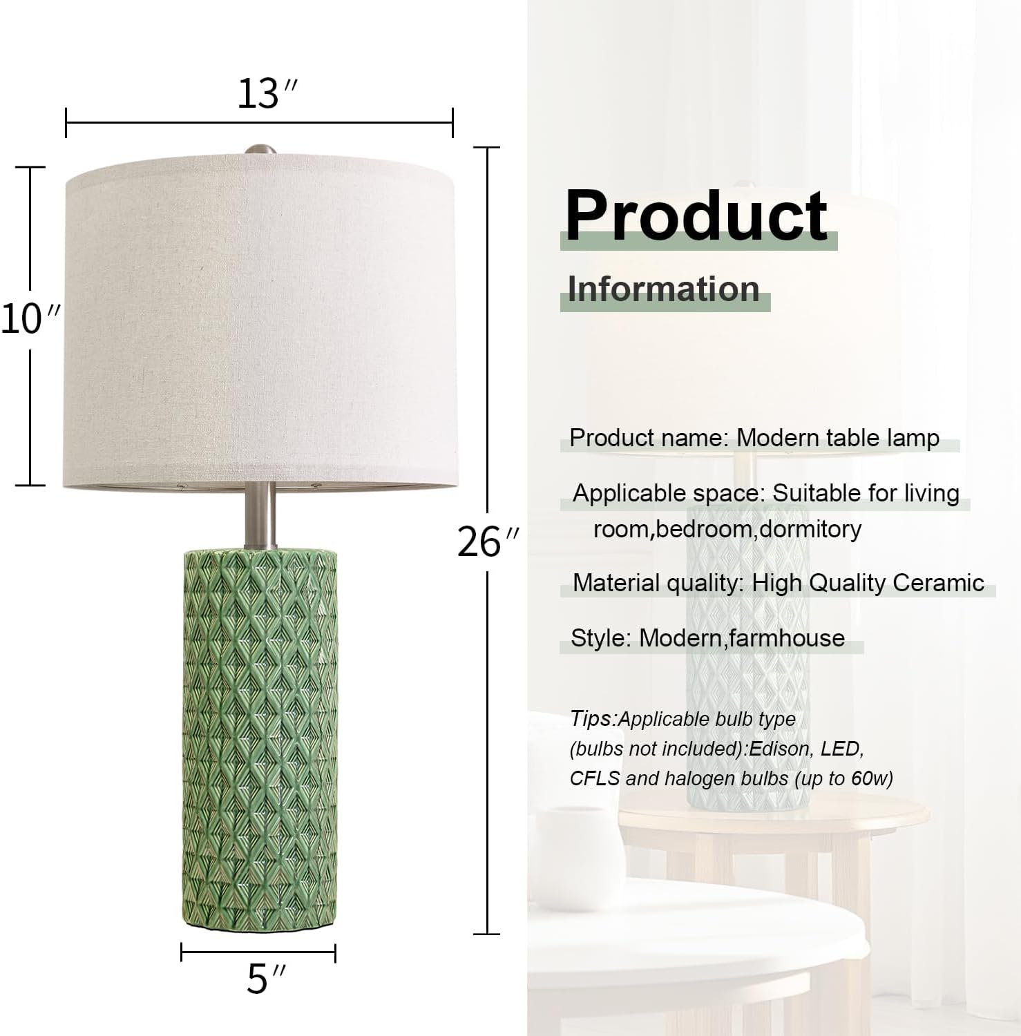 USumkky 26" Tall Table Lamp for Living Room -Green Lamps Set of 2 Modern Ceramic Lamps for Night Stands, Bedside Lamp for End Tables…