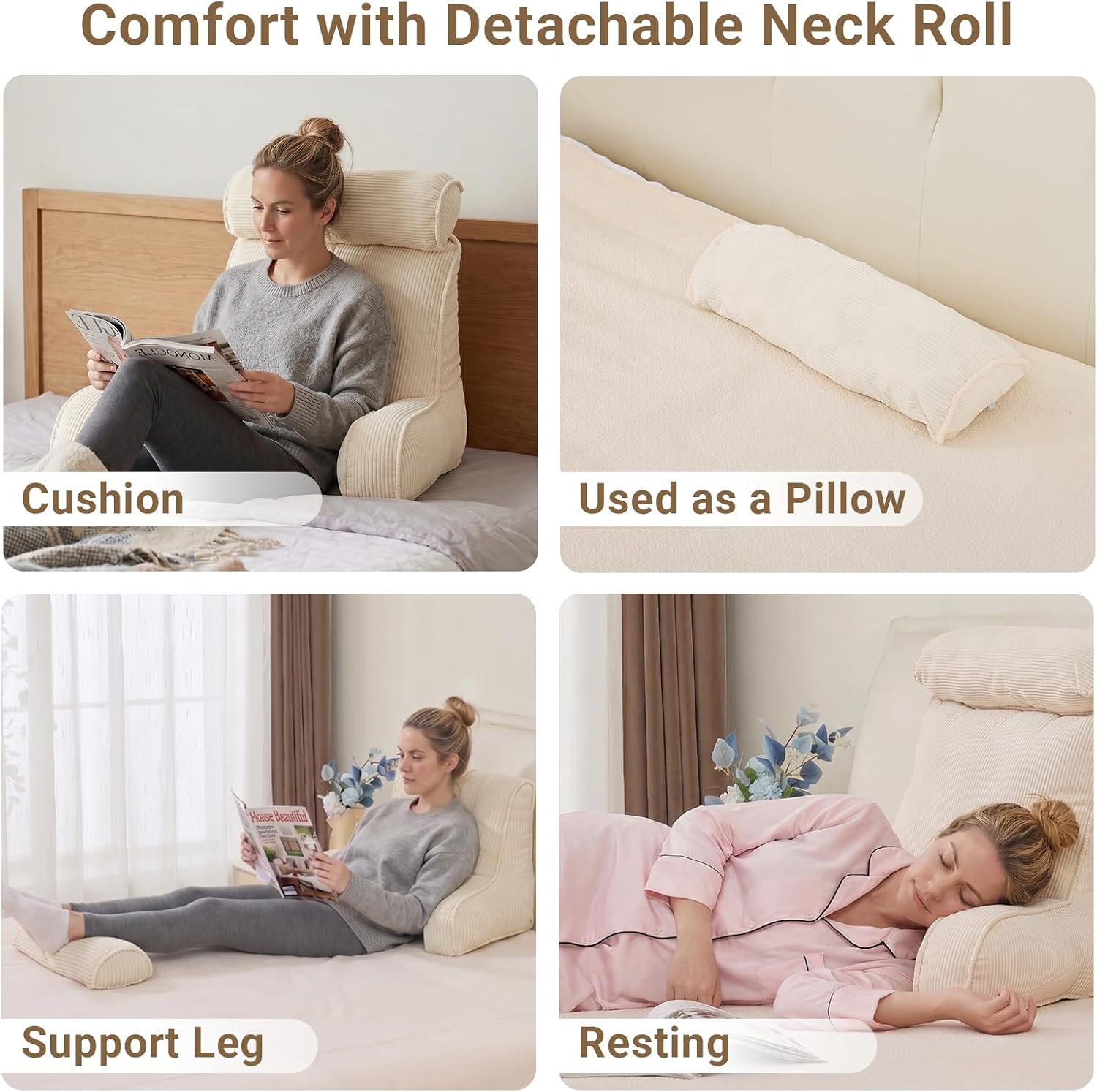 Reading Pillow for Bed with Detachable Neck Roll and Shredded Memory Foam, Back Pillow with Arms for Sitting Up, Washable Bed Rest Pillow…