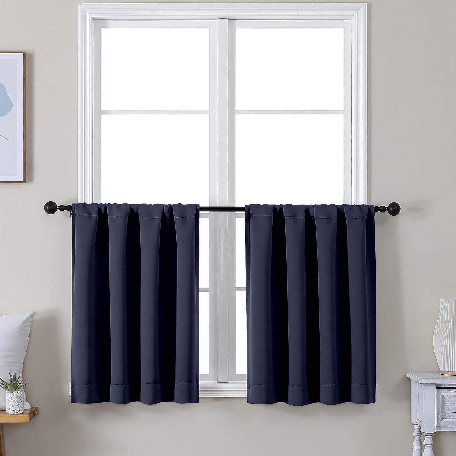 Simplebrand Ava Navy Blue Short 30 Inches Blackout Curtain 2 Panels Set, Half Window Rod Pocket Privacy Curtain Tiers for Kitchen, Curtains…