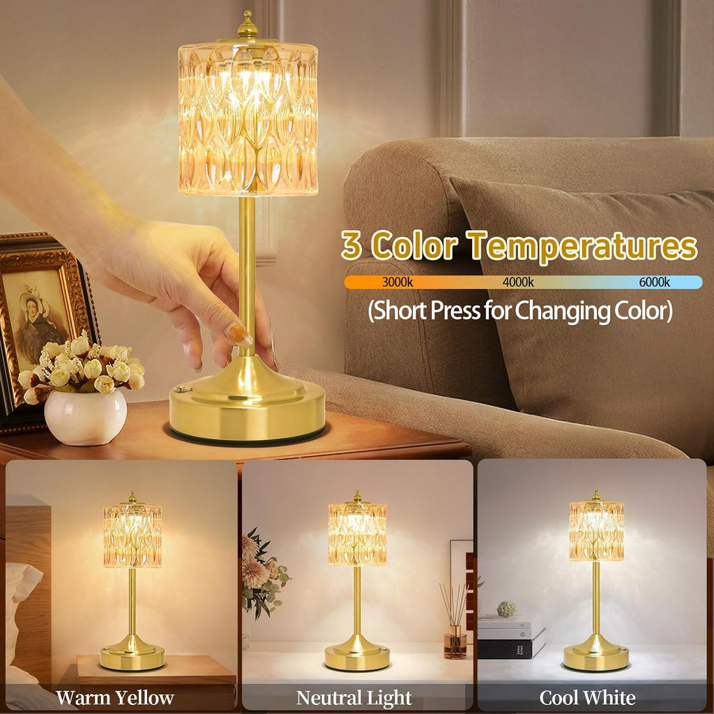 Cordless Crystal Table Lamp, 5200mAh Rechargeable Battery, 3 Color Dimmable Touch Control, Portable Vintage Gold Desk Lamp for Bedroom…
