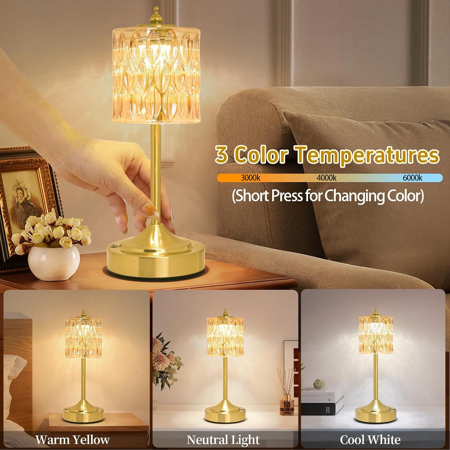 Cordless Crystal Table Lamp, 5200mAh Rechargeable Battery, 3 Color Dimmable Touch Control, Portable Vintage Gold Desk Lamp for Bedroom…