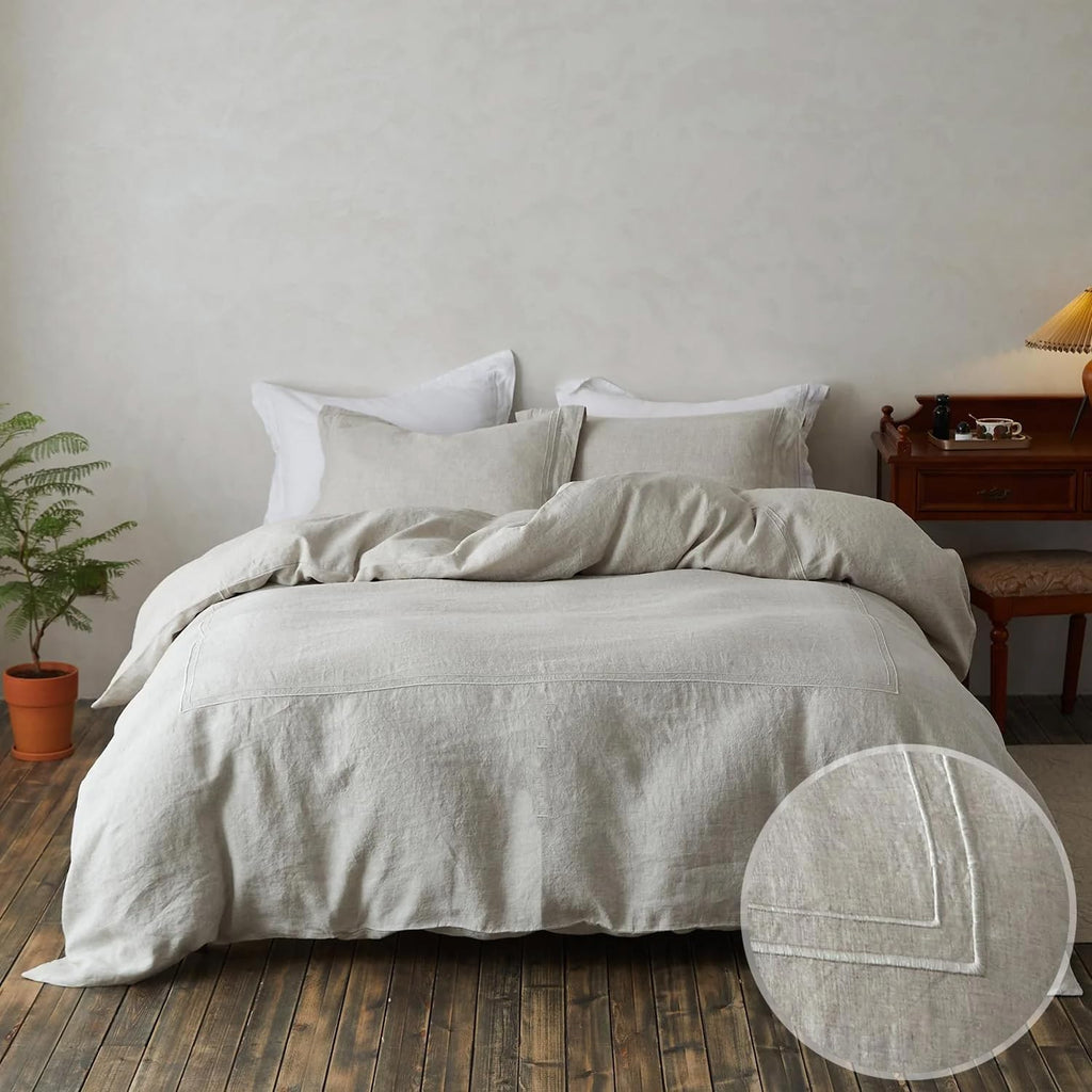 Simple&Opulence 100% Washed Linen Duvet Cover Set 68"x86" - 2 Pieces Soft Farmhouse Comforter Set Double Embroidered with Button Closure…