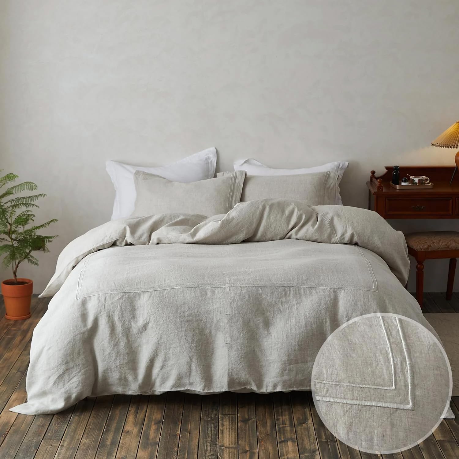 Simple&Opulence 100% Washed Linen Duvet Cover Set 68"x86" - 2 Pieces Soft Farmhouse Comforter Set Double Embroidered with Button Closure…