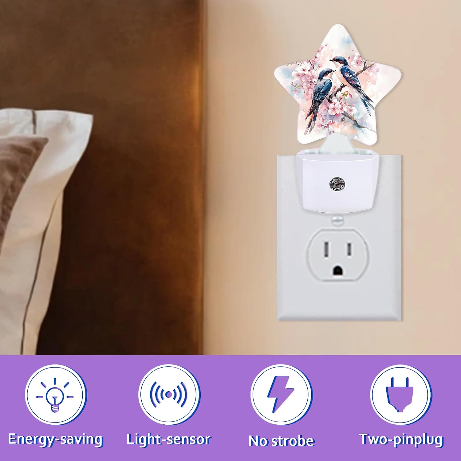 Spring Birds Night Lights Plug Into Wall, Pink Flowers Dusk to Dawn Light Sensor Night Light for Kids, Energy Efficient Sleep Friendly…