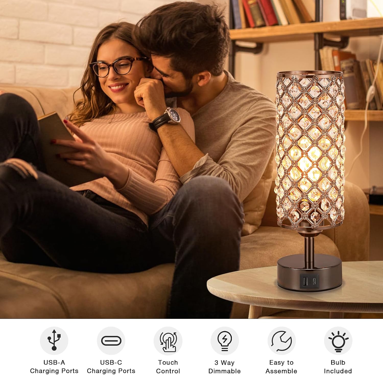 Hong-in Crystal Table Lamp, Black Lamp with USB C+A Ports, 3 Way Dimmable Light with Crystal Lampshade, Bedside Lamp Small Touch Light for…