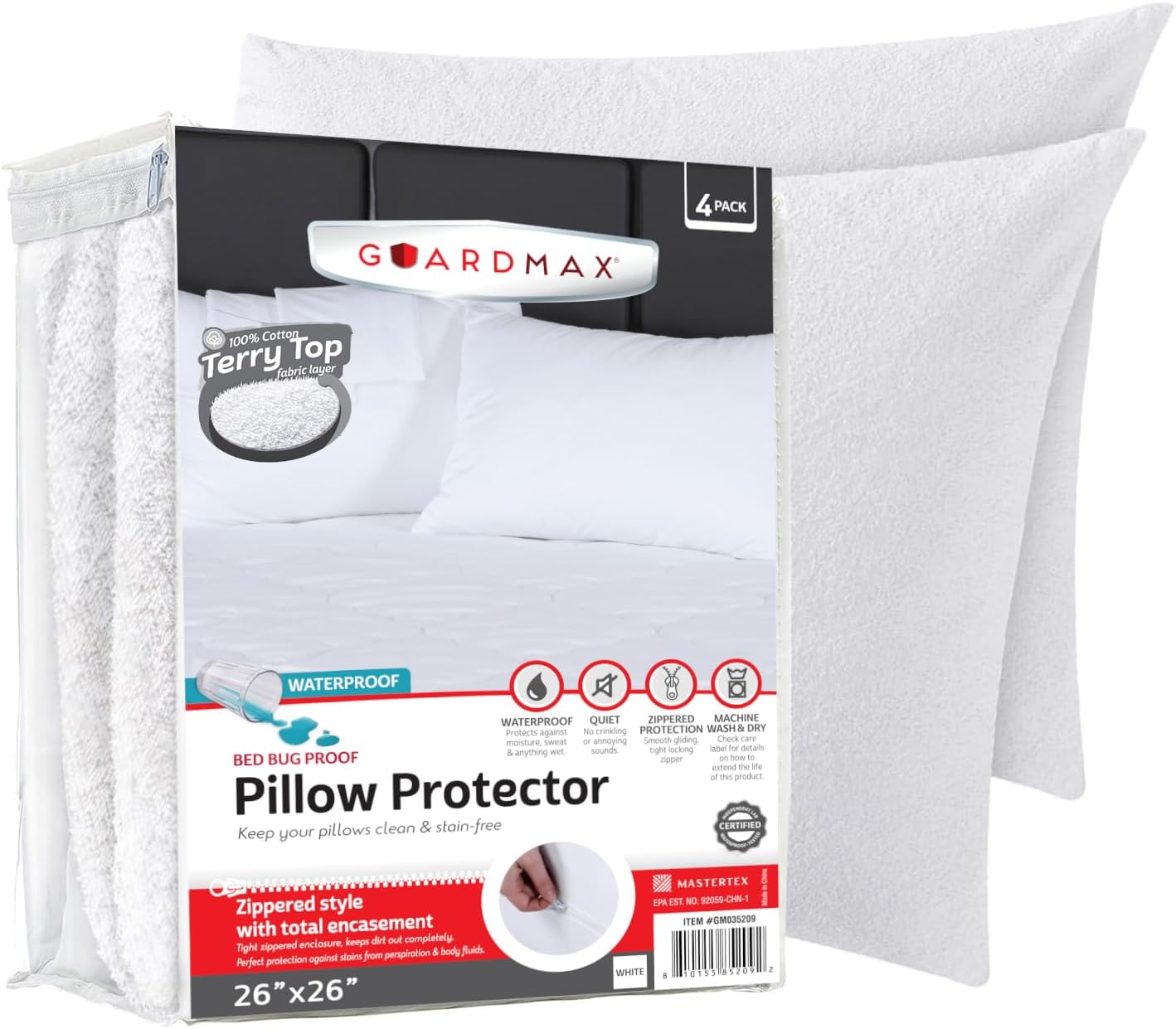 Guardmax Terry Cotton Waterproof 26x26 Size - Zippered Bed Bug Pillow Protector 2 Pack - Hypoallergenic Pillow Case Cover Protects from…