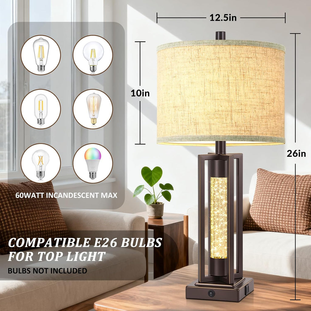 Tobusa 26’’ Vintage Table Lamps for Living Room Set of 2, Farmhouse Lamps for Bedroom with 2 USB Ports and Crystal Night Light, Rustic Beds…