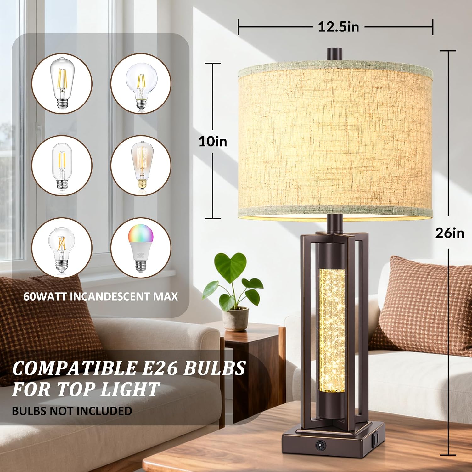 Tobusa 26’’ Vintage Table Lamps for Living Room Set of 2, Farmhouse Lamps for Bedroom with 2 USB Ports and Crystal Night Light, Rustic Beds…