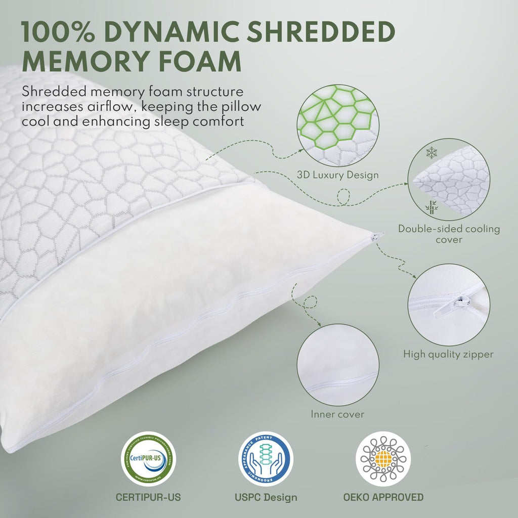 Heycuzi Pillows Queen Size Set of 2 - Cooling Shredded Memory Foam Pillow for Sleeping 2 Pack, Adjustable Cool Bed Pillows for Side, Back,…