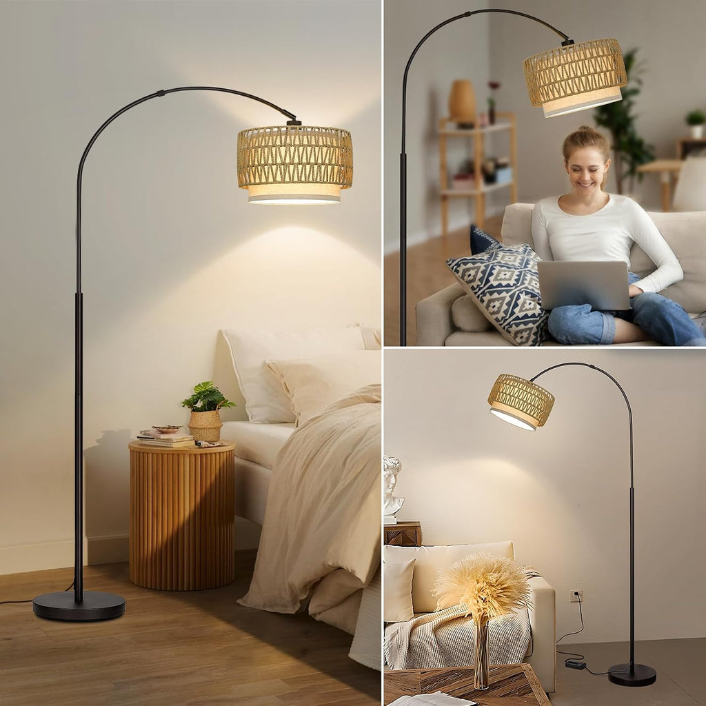 Rattan Floor Lamp, Dimmable Arc Floor Lamps for Living Room, Boho Farmhouse Standing Lamp with Adjustable Head, Tall Pole Lamp Reading…