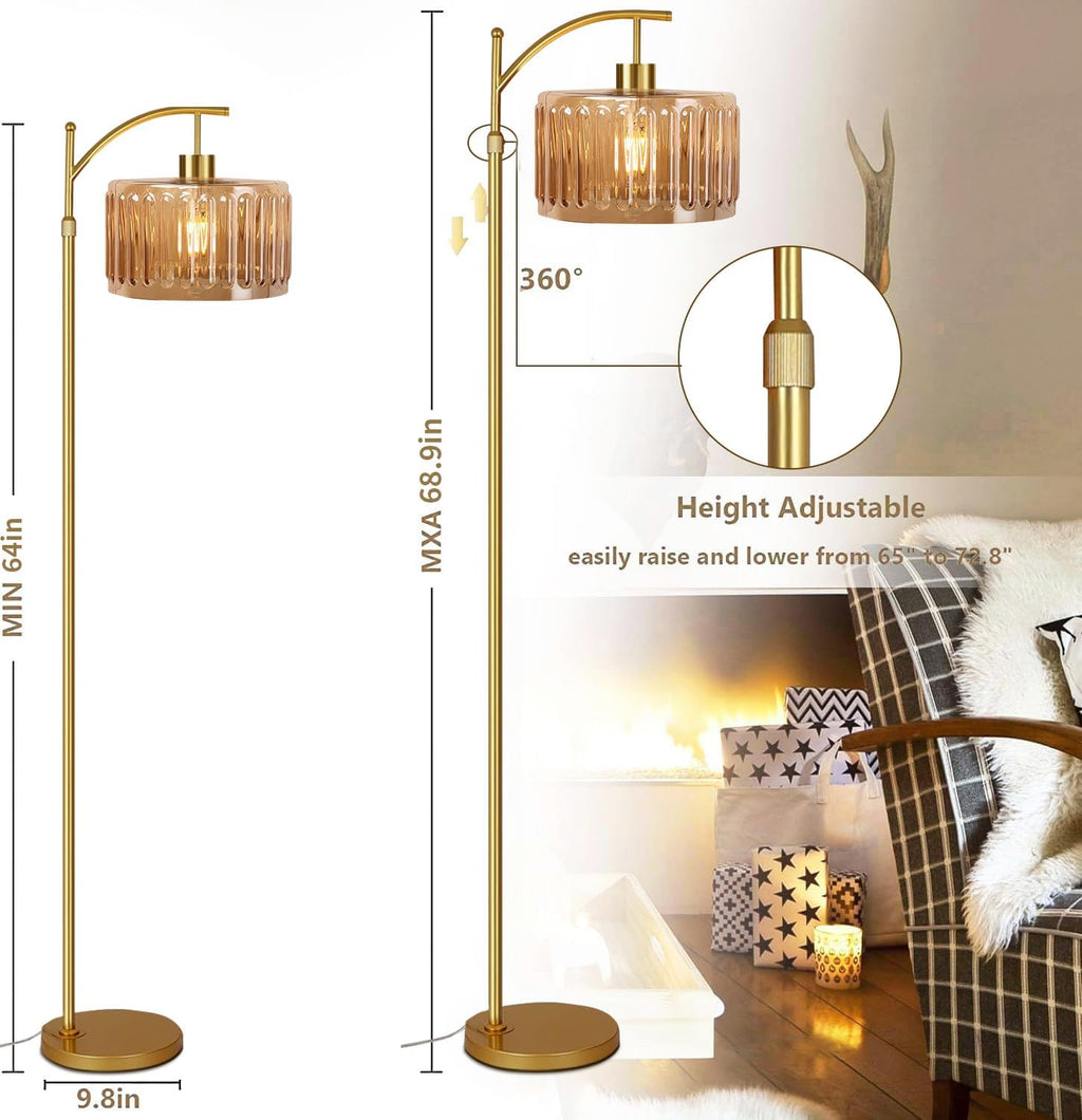 QIYIZM Glass Floor Lamp for Living Room, Bedroom, Gold Dimmable Standing Lamp with Remote, Mid Century Modern Brass Tall Lamp Boho Vintage…
