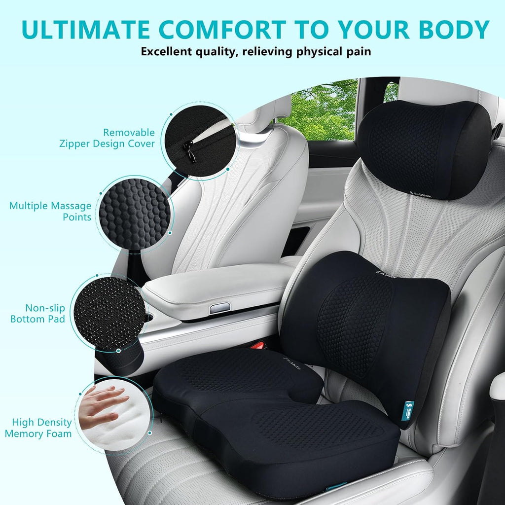 FLORICH 3 PCS Seat Cushion for Carseat Lumbar Support Pillow Car Neck Headrest Pillows Memory Foam Gel Memory Foam Massage Point Seat…
