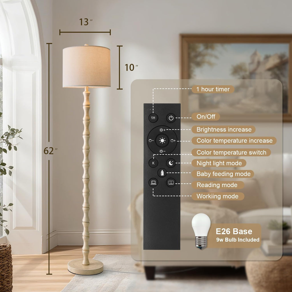 BOBOMOMO 62" Rustic Farmhouse Floor Lamp Antique White with Remote & Dimmable 9W Bulb, 3 Color Temperatures Resin Standing Lamp, Retro…