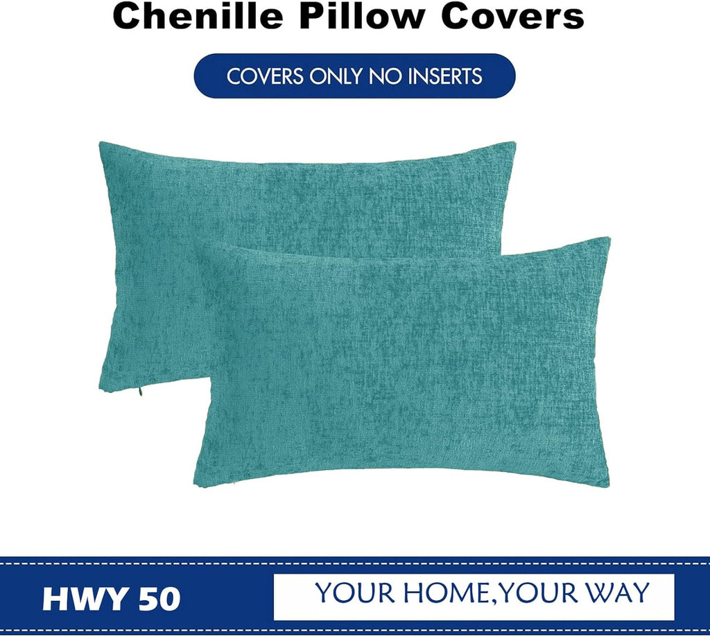 Hwy50 HWY 50 Teal Lumbar Pillow Covers 12x20 Inch Pack of 2, Soft Chenille Decorative Throw Pillow Covers Farmhouse for Couch Sofa Living R…