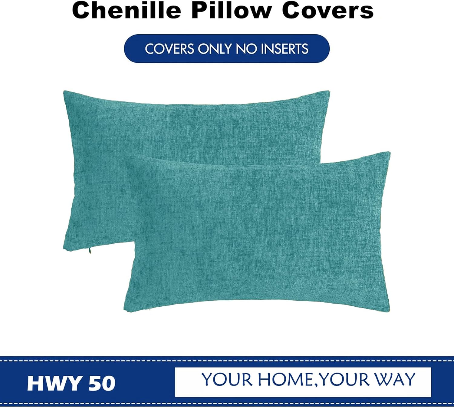 Hwy50 HWY 50 Teal Lumbar Pillow Covers 12x20 Inch Pack of 2, Soft Chenille Decorative Throw Pillow Covers Farmhouse for Couch Sofa Living R…