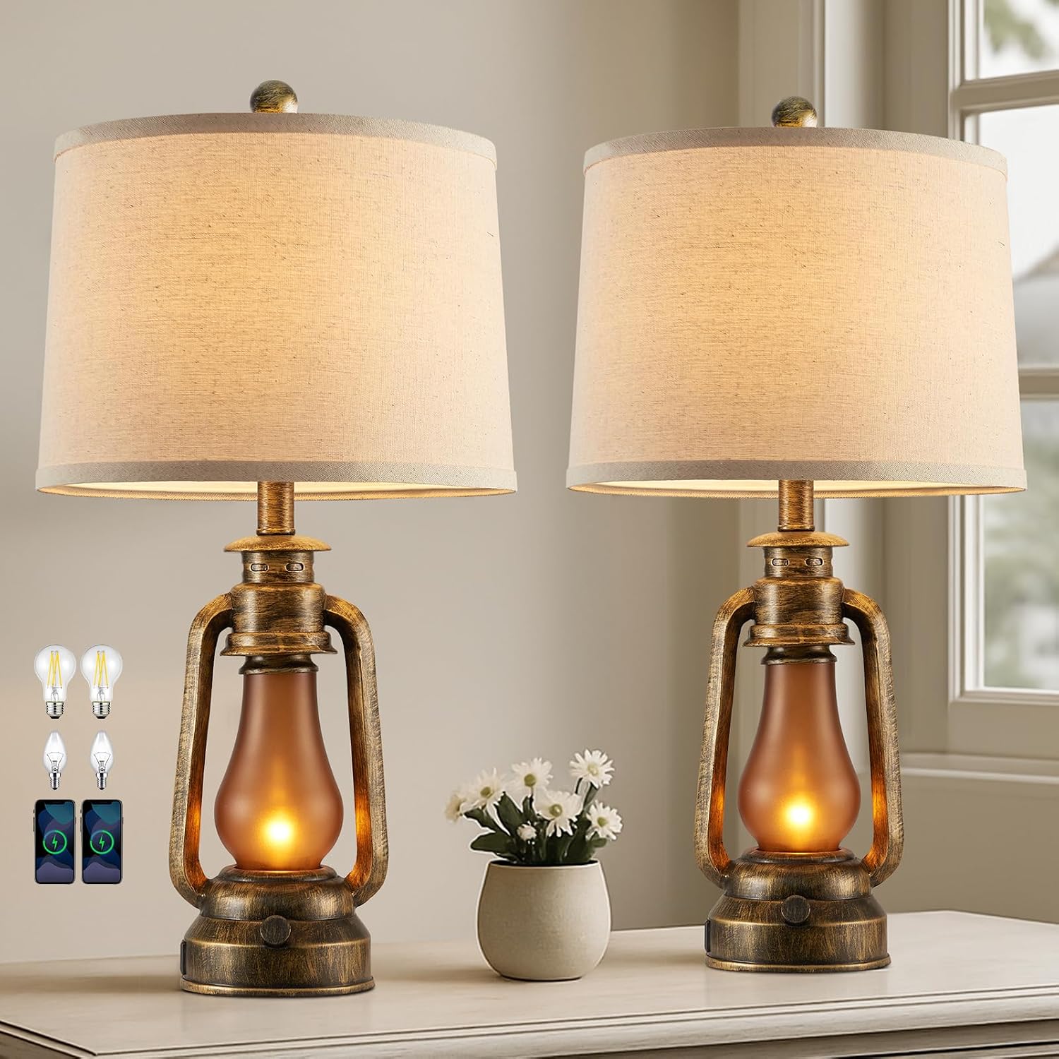 25" Set of 2 Rustic Lantern Table Lamps for Living Room Bedroom, 2 USB Ports Farmhouse Vintage Bedside Desk Lamp Nightlight for Entryway…