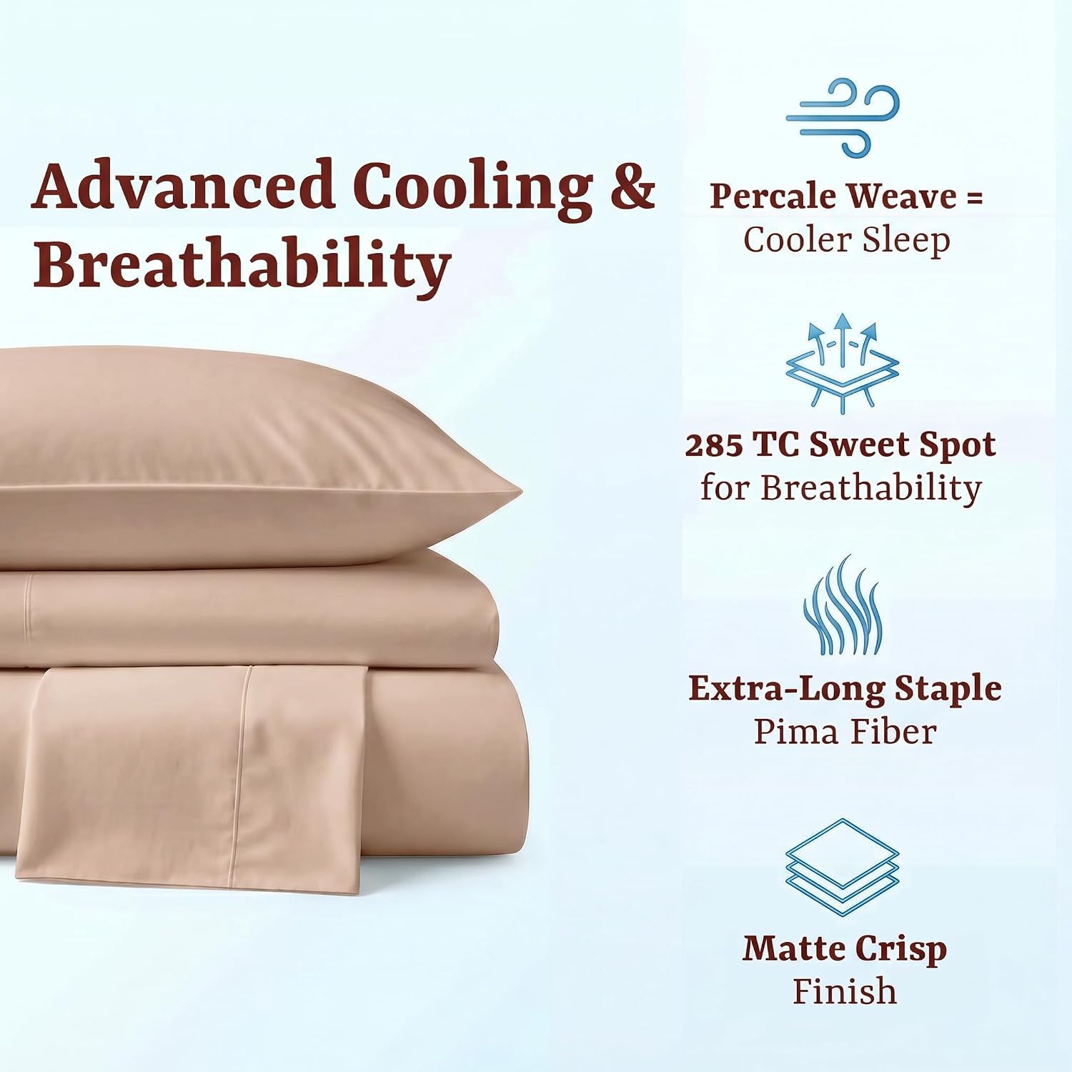 Perupima Peru Pima 285 Thread Count Percale King Sheet Set - 100% Peruvian Pima Cotton, 4 Piece (Flat, Fitted, 2 Pillowcases) - Cooling, Cr…
