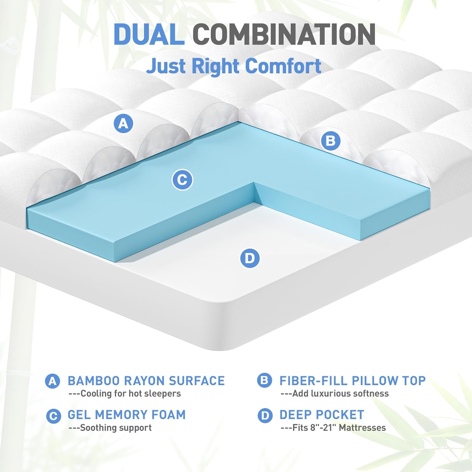 Dual Layer 3 Inch Memory Foam Mattress Topper Queen Size, 2 Inch Cooling Gel Memory Foam Plus 1 Inch Pillow Top Mattress Pad Cover, with…