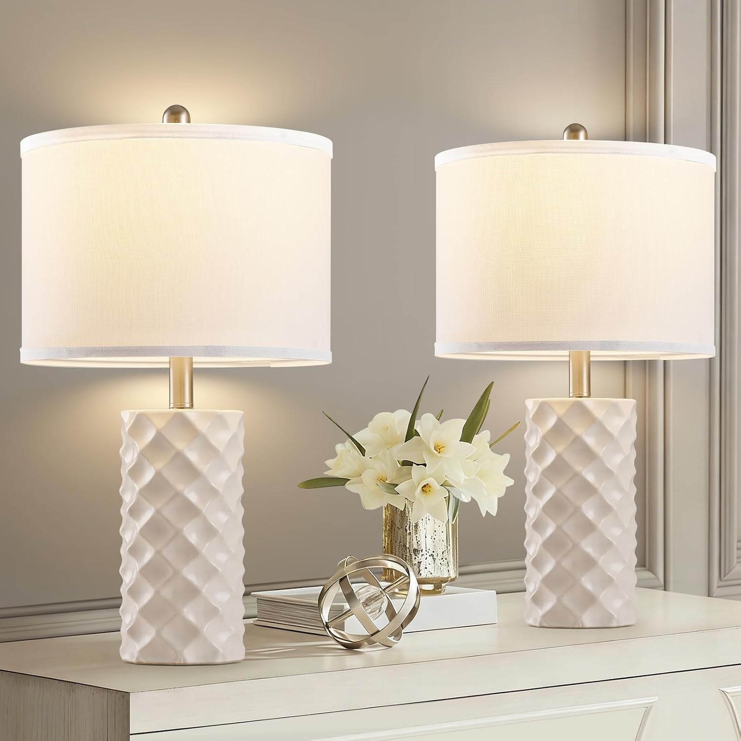 BLHDZJR Gentle Beige & Star Diamond Ceramic Table Lamps (Set of 2) - 23" Luxe Modern Bedside Lamps for Nightstand, bedrooms, Living R…