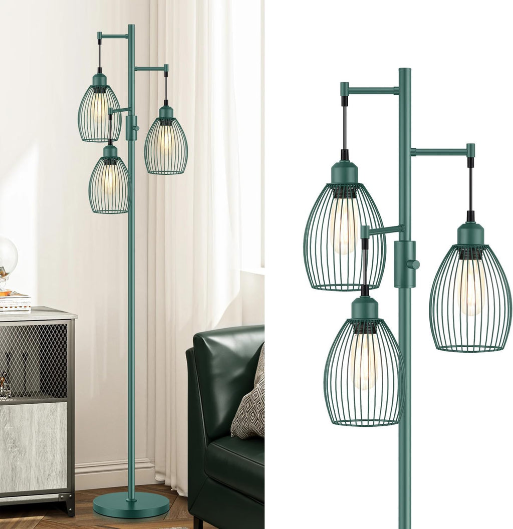 Dimmable Floor Lamp, Industrial Floor Lamps for Living Room, Green Tree Lamp Standing Lamp Tall Lamps with 3 Elegant Teardrop Cage Head &…