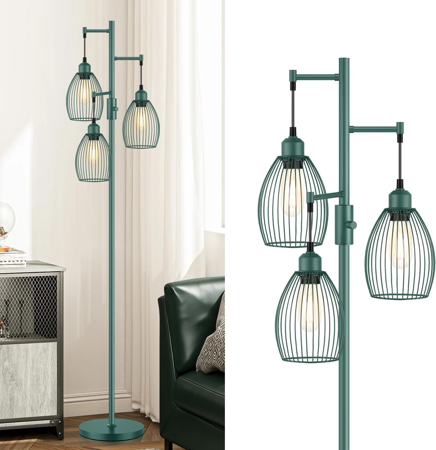 Dimmable Floor Lamp, Industrial Floor Lamps for Living Room, Green Tree Lamp Standing Lamp Tall Lamps with 3 Elegant Teardrop Cage Head &…