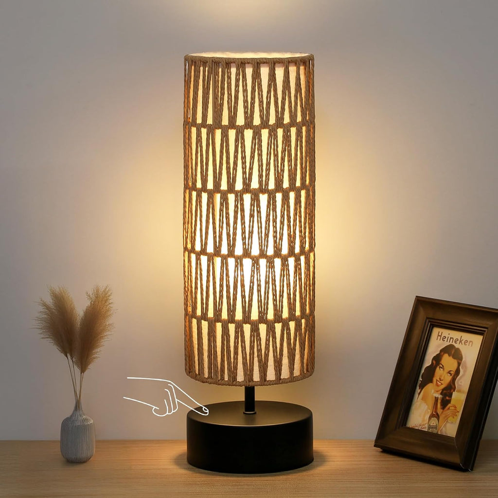 Rattan Table Lamp, Touch Control Bedside Table Lamp with Black Base, 3 Way Dimmable Nightstand Lamp with Dual-layer Shade, Boho Night…