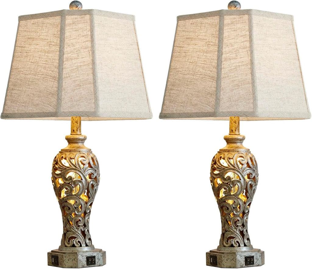 Vintage Table Lamps Set of 2 for Living Room Bedroom, 2 USB Ports 25'' Rustic Farmhouse Desk Lamp with Nightlight, Iron Gray Hollow Out…