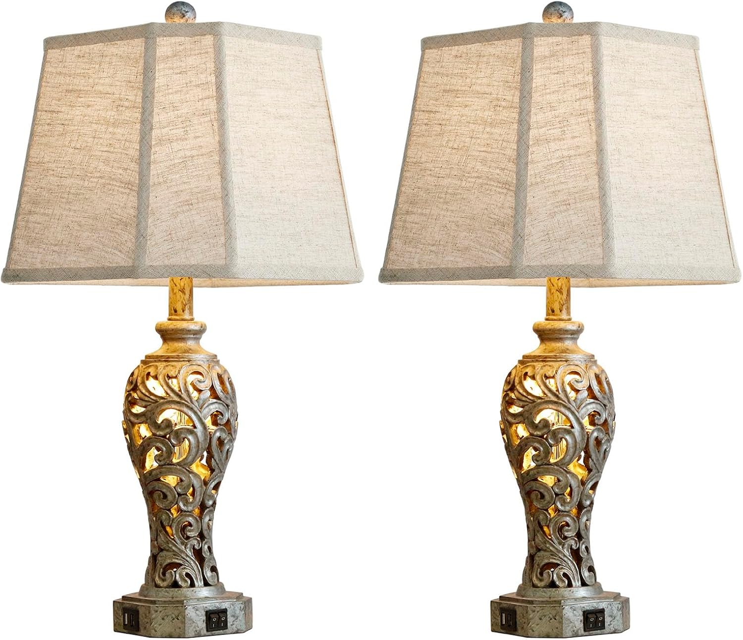 Vintage Table Lamps Set of 2 for Living Room Bedroom, 2 USB Ports 25'' Rustic Farmhouse Desk Lamp with Nightlight, Iron Gray Hollow Out…