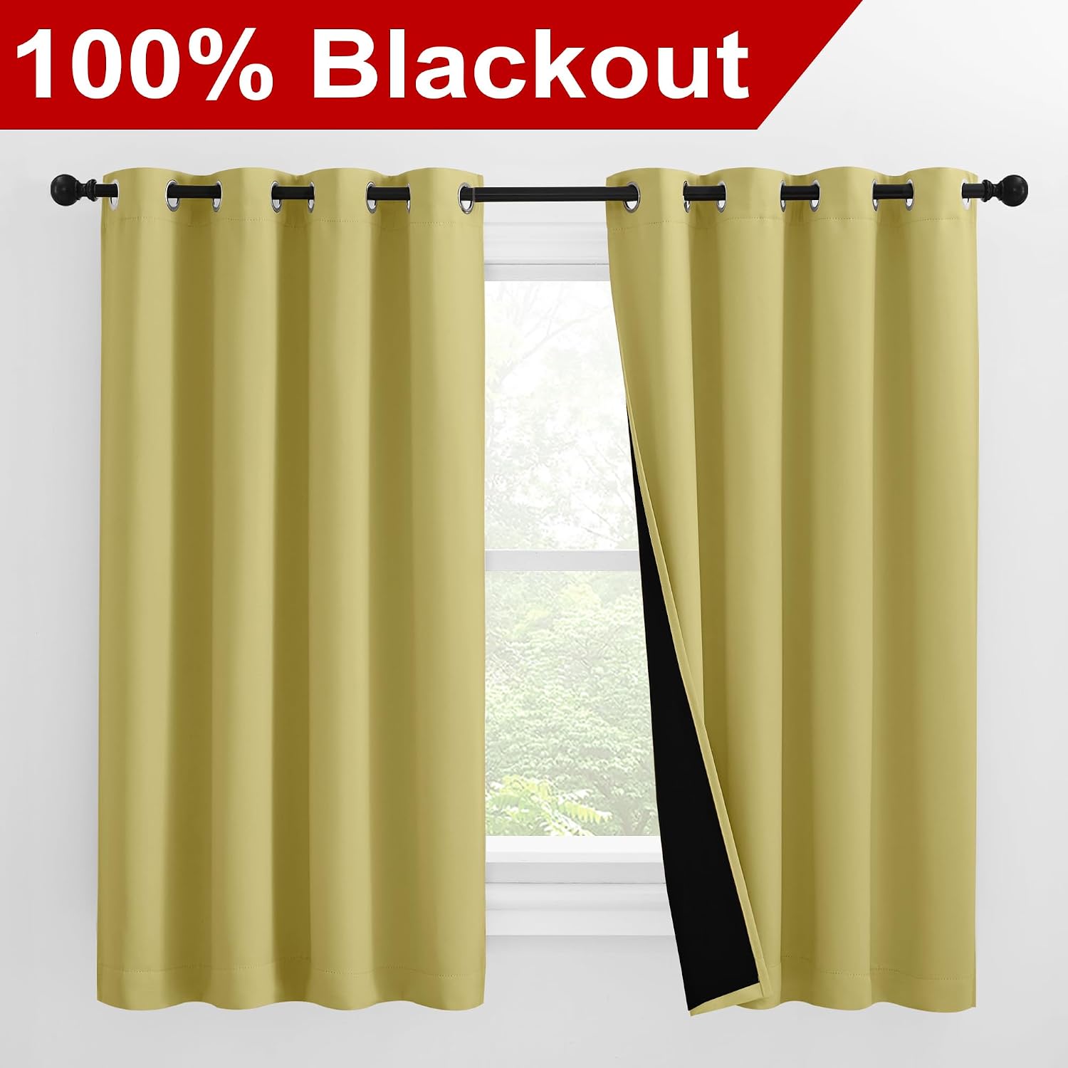 Nicetown 100% Blackout Curtains with Black Liners, Thermal Insulated Full Blackout 2-Layer Lined Drapes, Noise Cancellation Window Draperie…